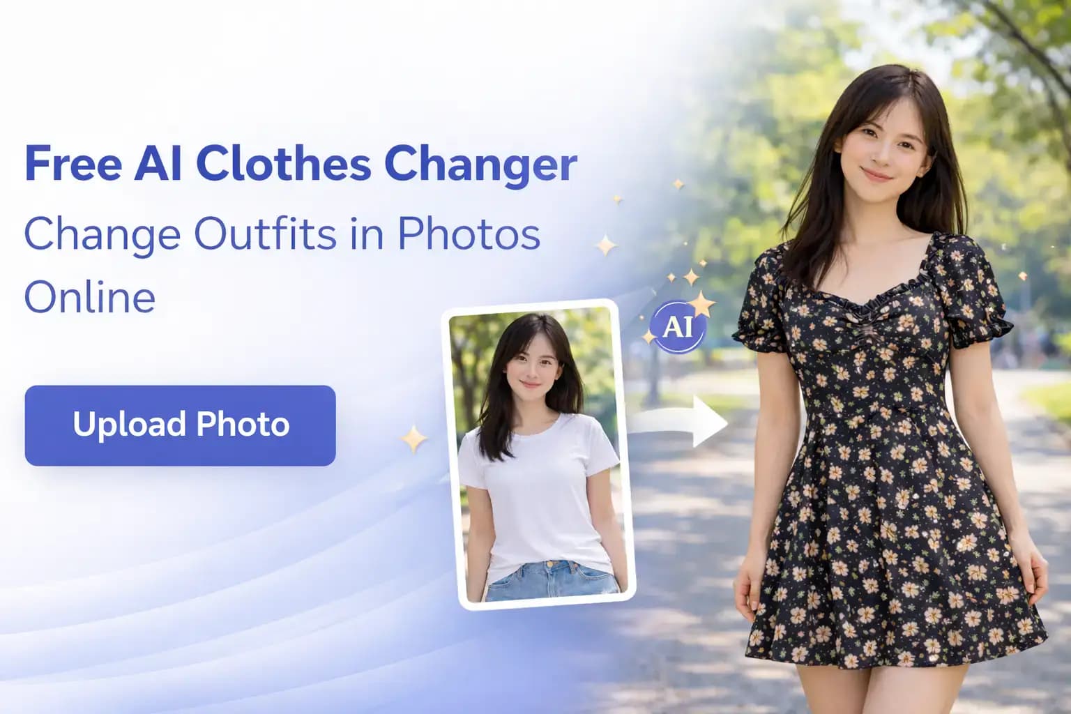 AI Clothes Changer preview showing a portrait before and after outfit change