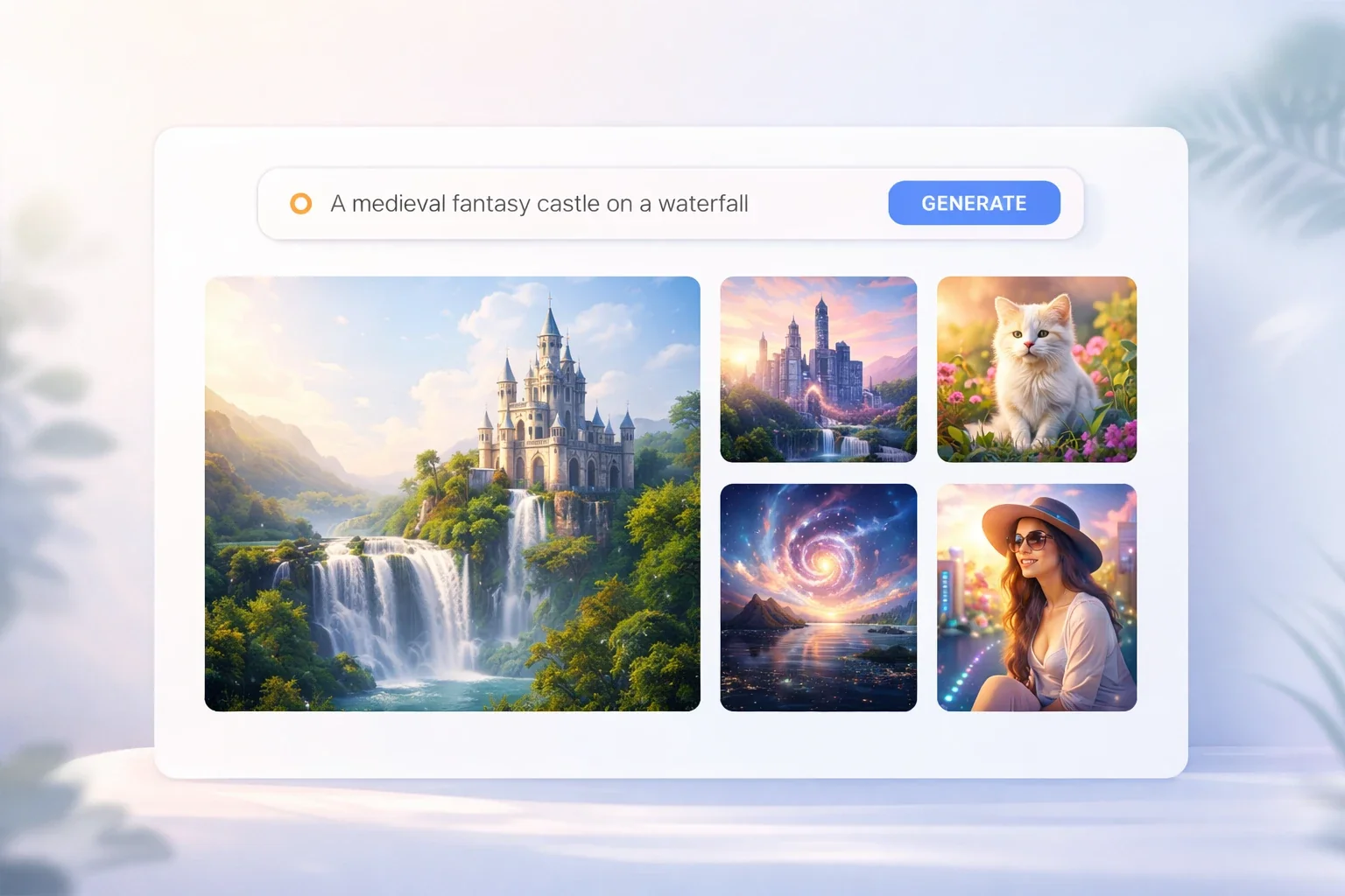 AI Image Generator workspace showing prompt, style presets, and preview grid