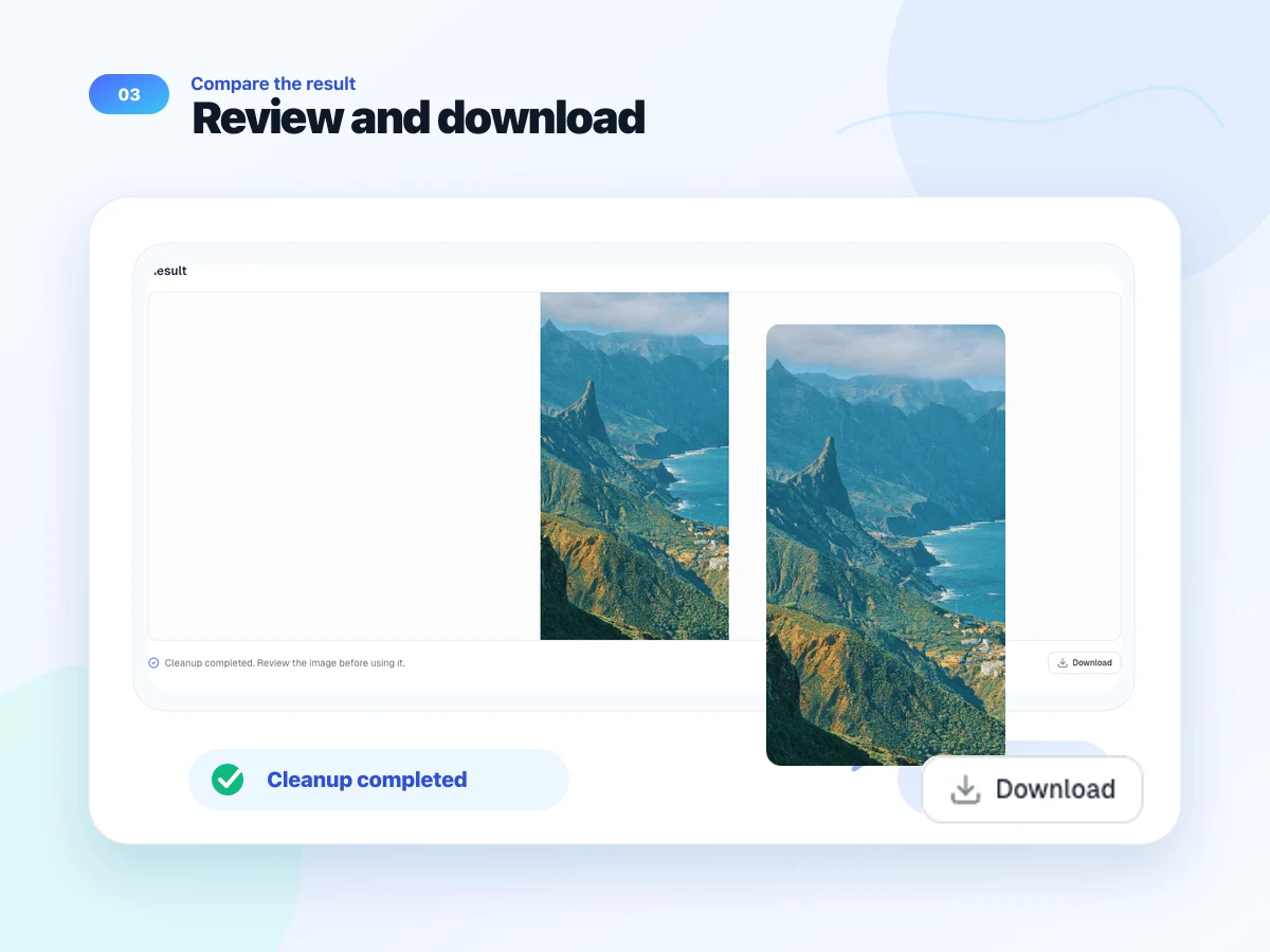 AI Watermark Remover result panel with cleaned image and download button