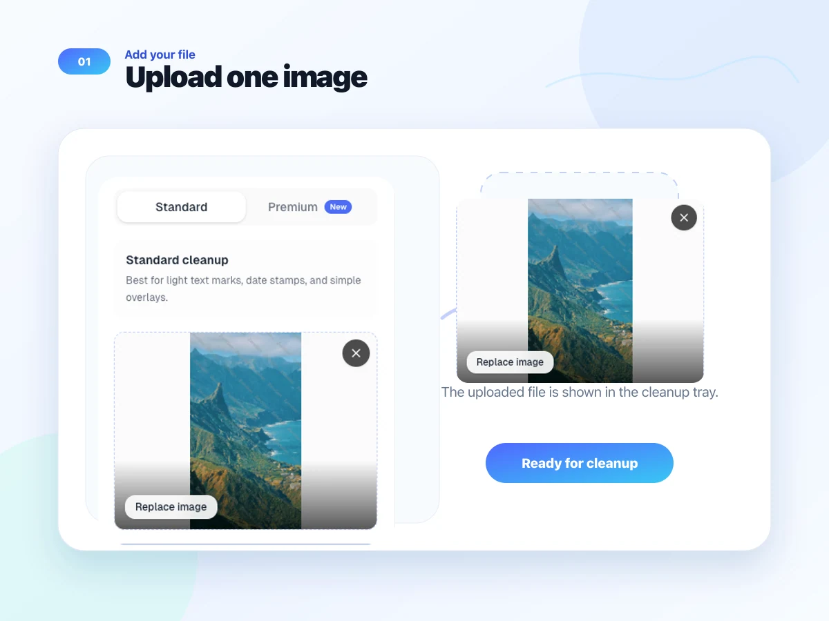 AI Watermark Remover upload panel with selected mountain photo preview