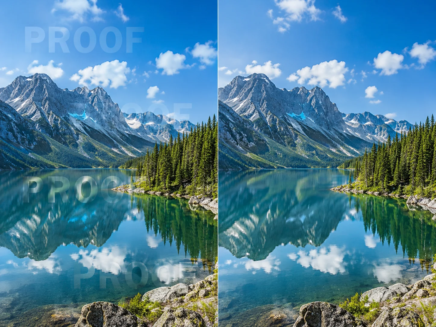 Watermark removed from a travel photo with sky mountains and water
