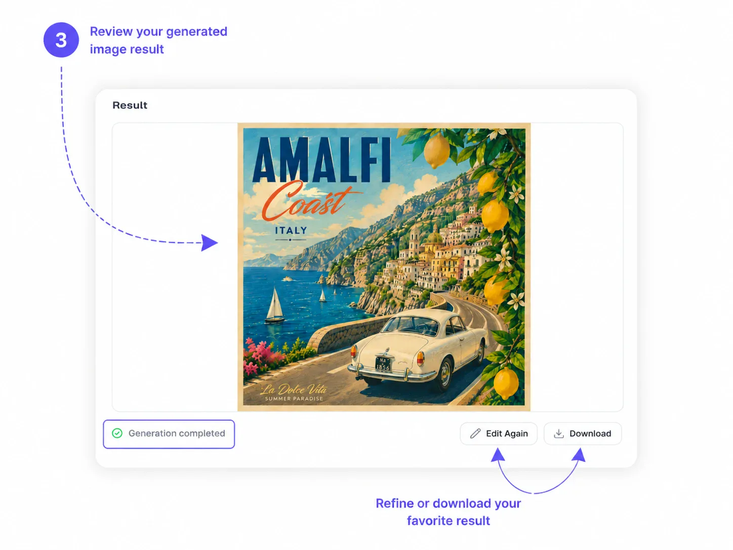 Annotated GPT Image 2 result review with arrows pointing to completed status, Edit Again, and Download