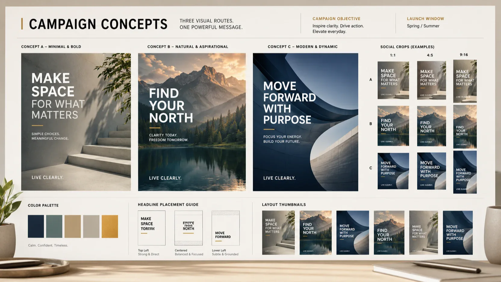Marketing campaign board with generated poster and ad variations